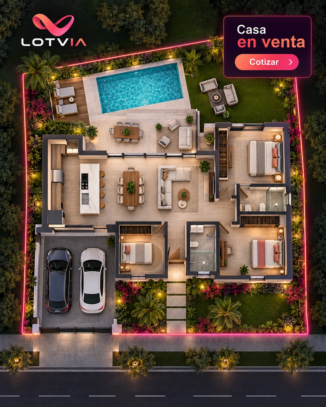 Plano de una casa en venta con alberca y cochera
