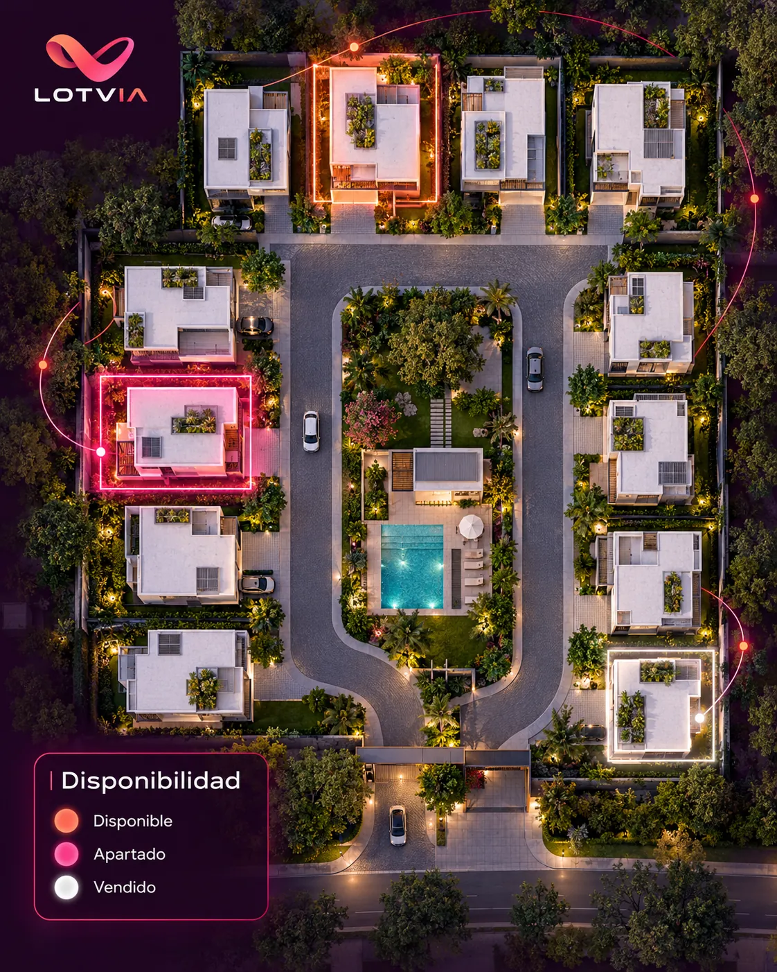 Privada de casas con estados disponible, apartado y vendido
