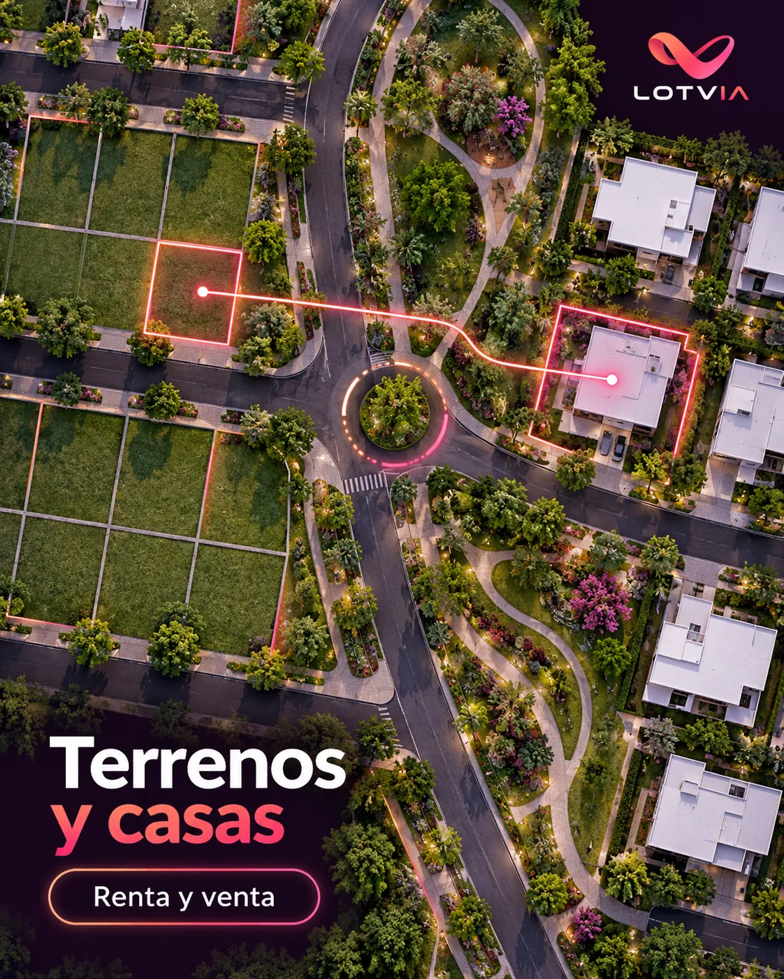 Fraccionamiento con terrenos y casas conectados en el plano