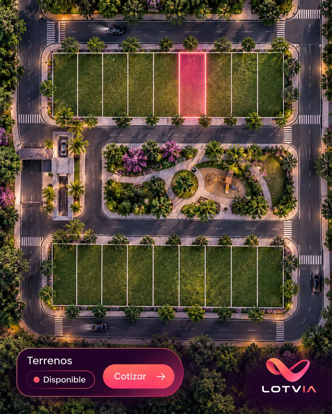 Fraccionamiento visto desde arriba con un lote disponible resaltado