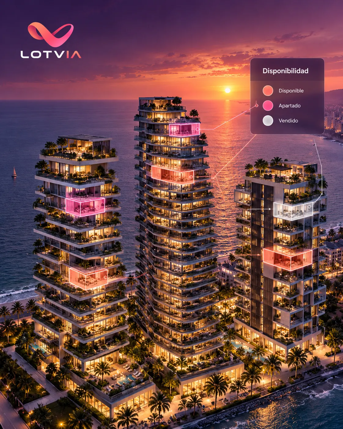 Tres torres frente al mar con departamentos marcados como disponible, apartado y vendido