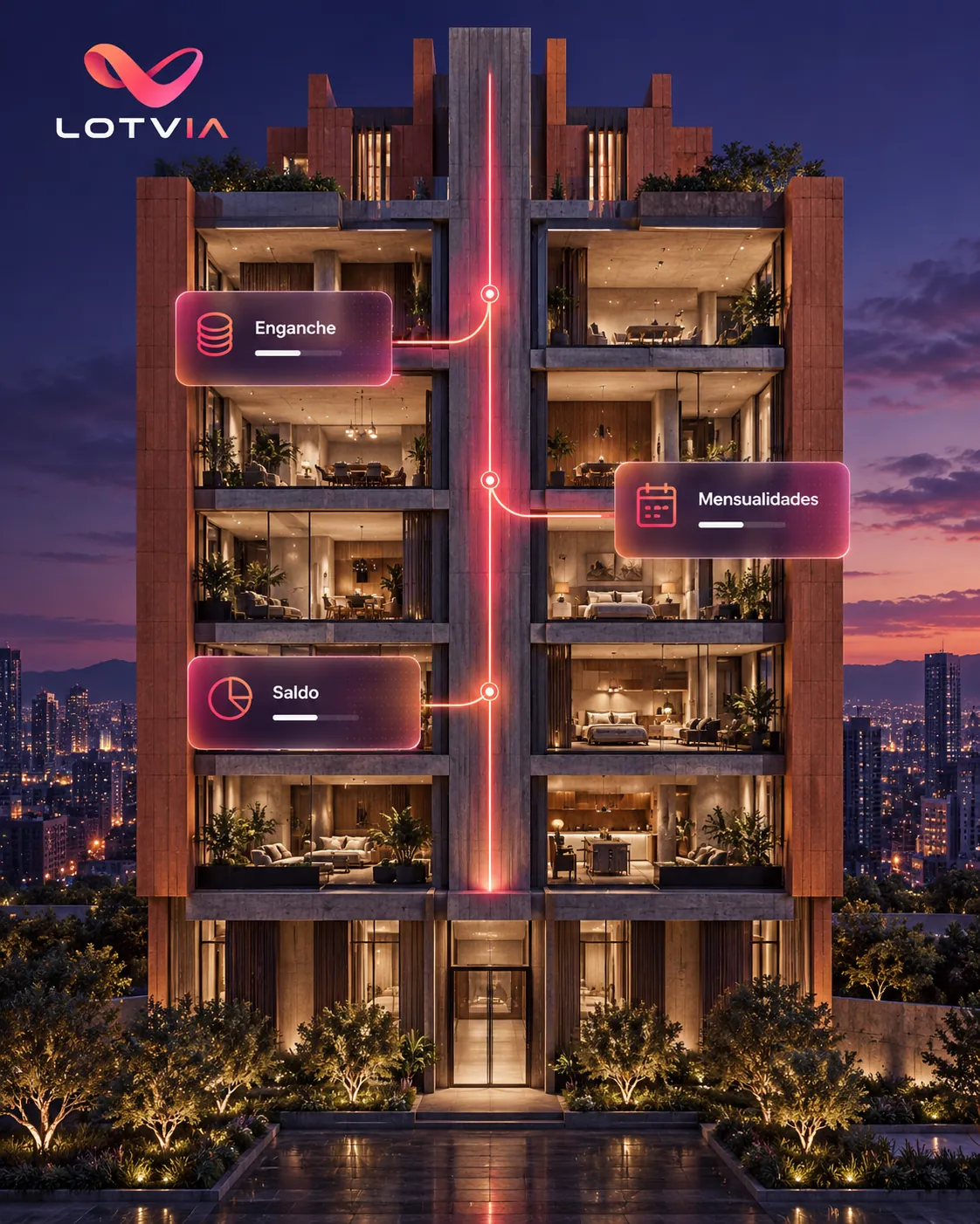 Edificio con indicadores de enganche, mensualidades y saldo