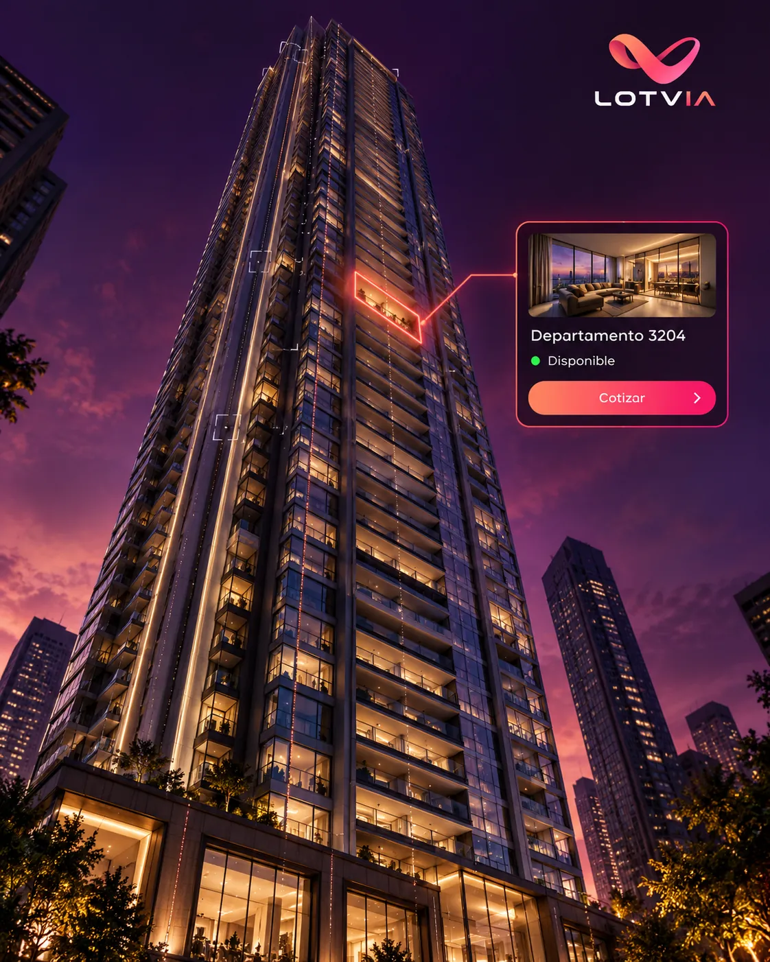 Torre de departamentos con la unidad 3204 marcada como disponible